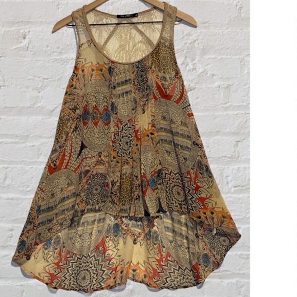 Doe & Rae Tank Top woman’s large Boho Lace Blouse High Low Summer Flowy Sheer - Picture 13 of 13